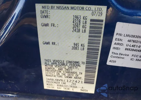 2020 Nissan Altima S Fwd z USA, uszkodzony, nr VIN 1N4BL4BV9LC127421